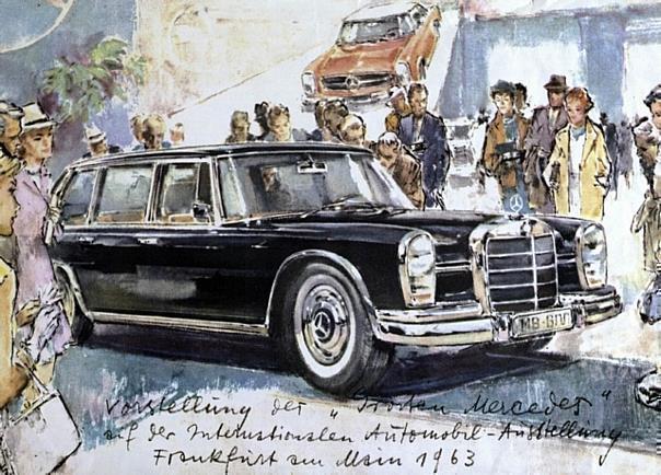 Große Premiere: Der „große“ Mercedes-Benz Typ 600 debütiert auf der IAA 1963. Der Marke lässt das vom bekannten Grafiker Heinz Liska illustrieren.